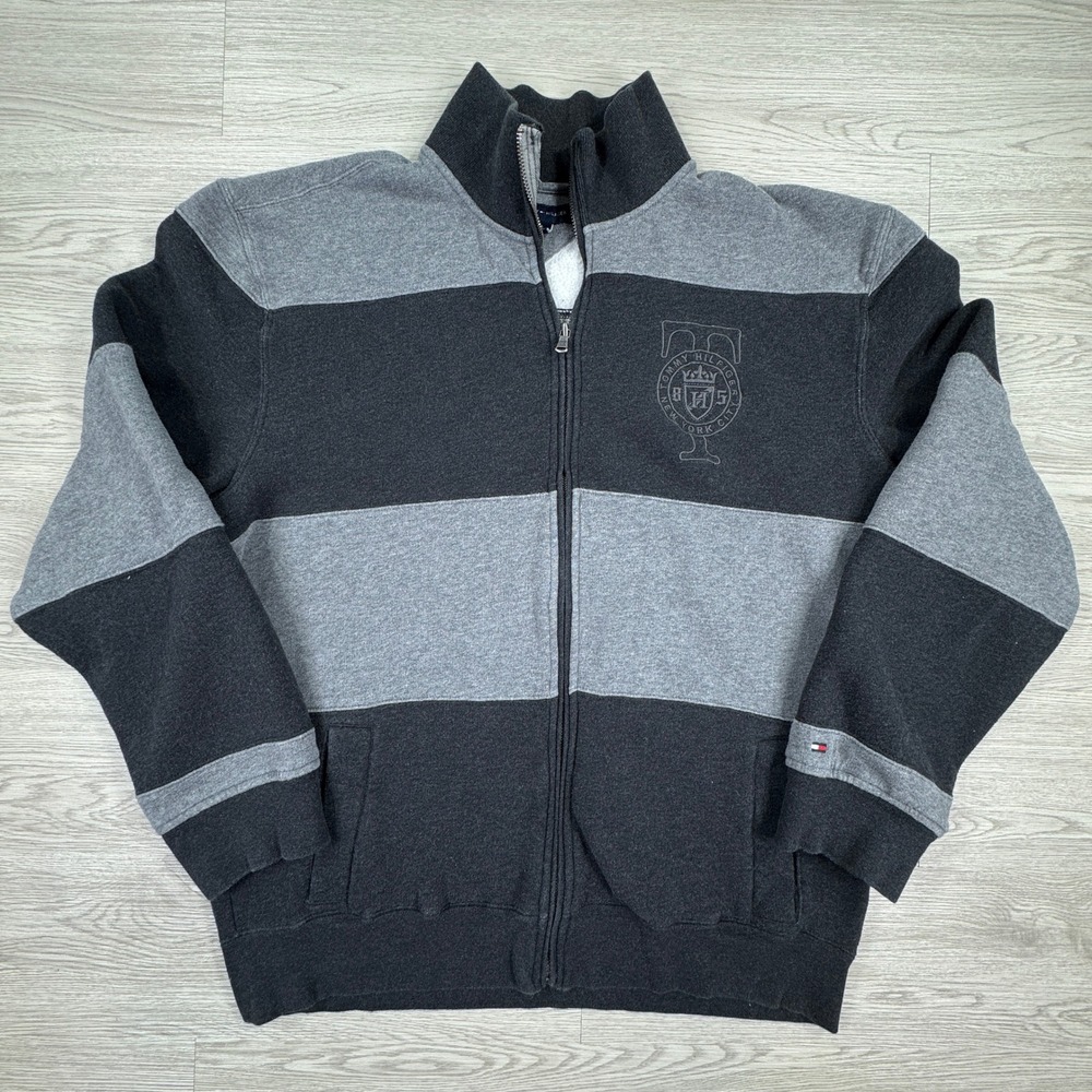 Tommy Hilfiger Men's Sweatshirt Full Zip Striped Crest Grey Black Size XL Preppy